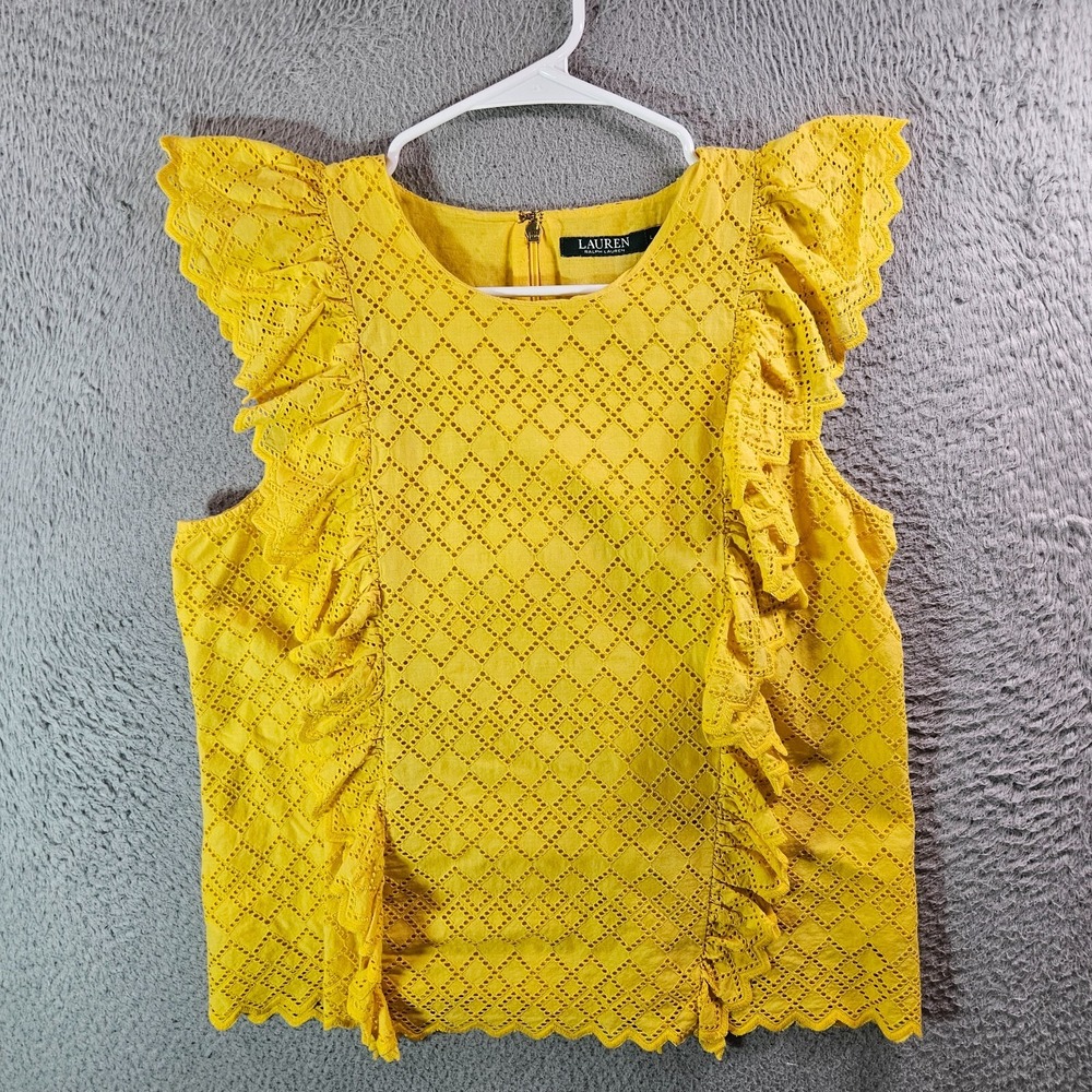 Lauren Ralph‎ Lauren Sleeveless Top Women Large Eyelet Lined Mustard Yellow